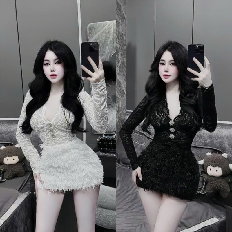 Set đồ nữ áo ren tay dài cổ chữ V đính phụ kiện nơ kèm chân váy lông [Có Lót] sang chảnh dành cho các nàng diện đi chơi, đi tiệc Women Top