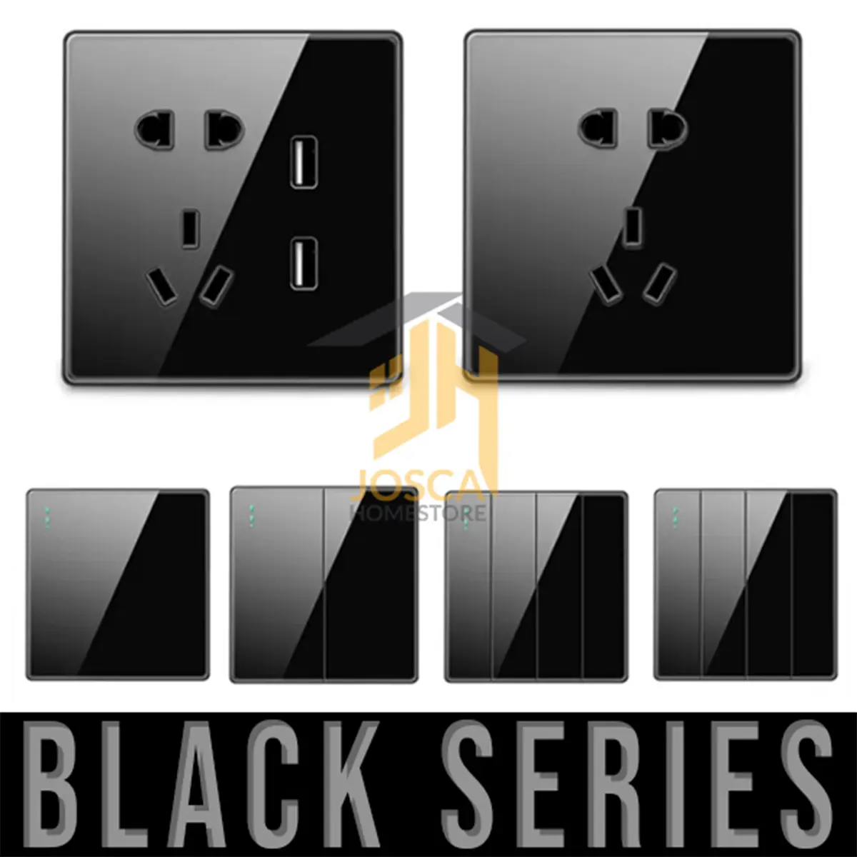 Soket saklar dinding SHINY BLACK PREMIUM, hitam mengkilat 1/2/3 Gang 1 Arah, Stop kontak/USB