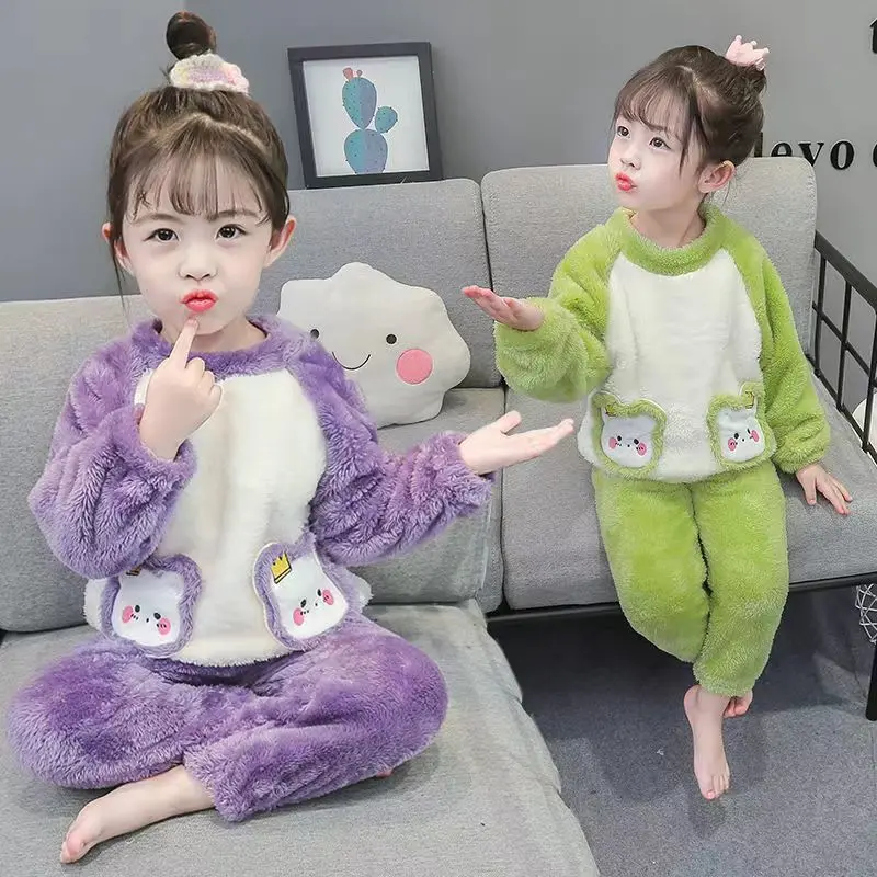 Bộ Đồ Ngủ Nhung San Hô, Cho Trẻ Em, Áo Chui Đầu Cho Bé Gái, Giữ Nhiệt, Phong Cách Phương Tây, Đồ Mặc Nhà, Bộ Đồ Ngủ vải nỉ Cho Bé Gái, Thích Hợp Cho Mùa Thu Và Mùa Đông Chuột