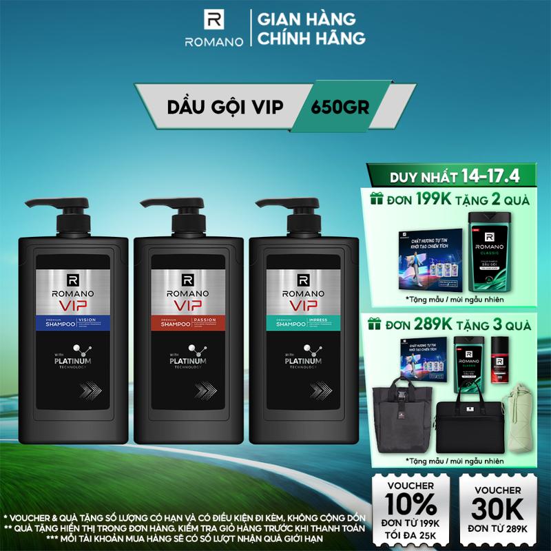 [ĐƠN 199K TẶNG 2 QUÀ] Dầu gội Dưỡng Tóc cho nam Romano cao cấp VIP mạnh mẽ bí ẩn 650g - 3 mùi hương Impress / Passion / Vision