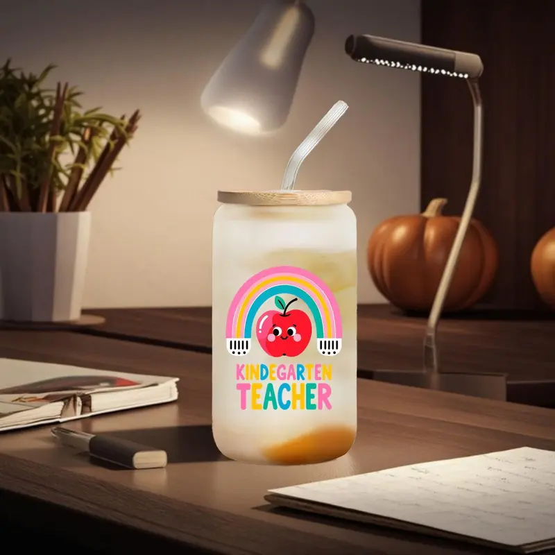 16oz Glass Cup with Straw & Brush, 1 Count Cute Cartoon Pattern Glass Cup, Drinking Cup for Home Office School, Gift for Kindergarten Teacher, Drinkware 7