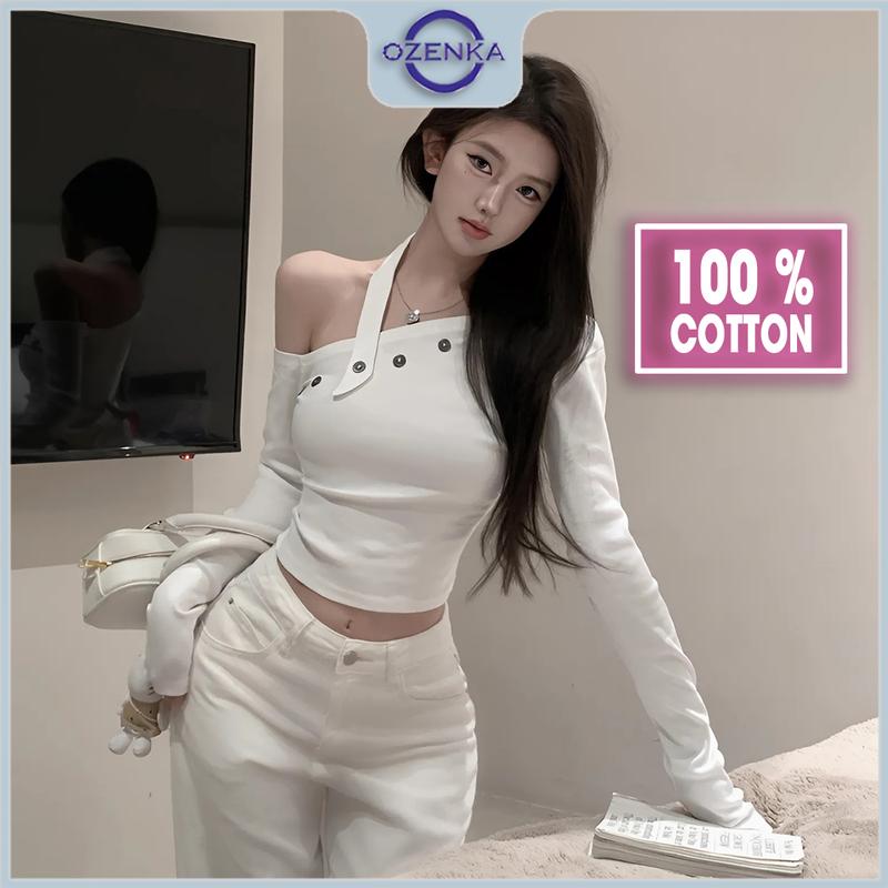 Áo croptop trễ vai kiểu tay dài ôm body sang chảnh đính cúc nữ Ozenka , áo crt thu đông lệch vai thun cotton đen trắng Women Shirt Nhung