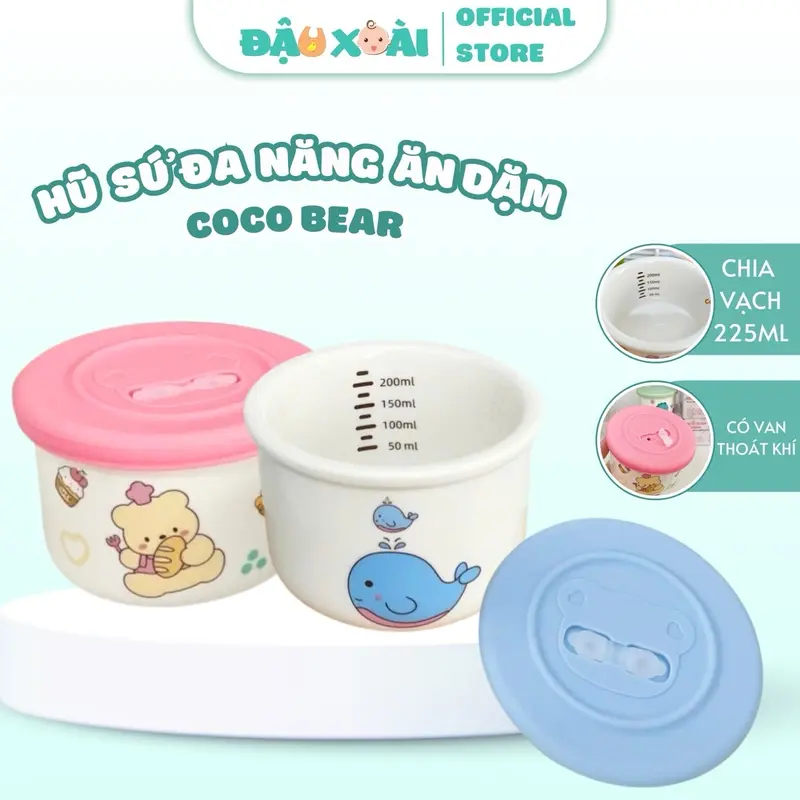 ( MỚI)  Hũ sứ chia vạch nắp silicone thoát hơi Coco Bear trữ cháo đồ ăn dặm cho bé Kem chen  dam cốc  nấu 0