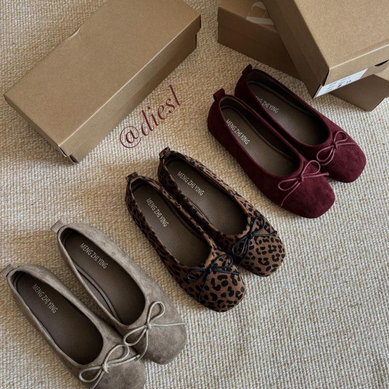 Giày Nơ Mũi Vuông Chất Liệu Da Lộn Hoạ Tiết Da Báo Phong Cách Hàn Quốc Mùa Thu Đông 2024 Nữ - Hoa Shoes Giày Bệt