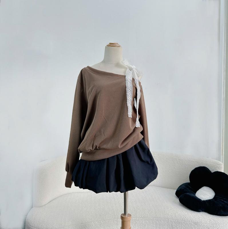 Áo thun sweater bigsize nữ tay dài lệch vai thắt nơ ren 1 bên chất thun ruby cao cấp - G176