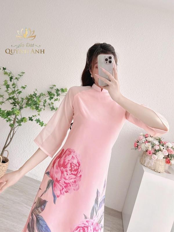 Áo dài cách tân 4 tà hồng mẫu đơn Nữ Women Nhung Dress Sen Hoa Sen 3