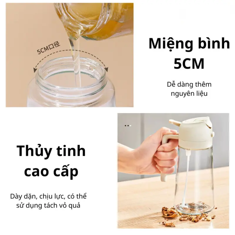 【đền bù khi bị vỡ】Chai đựng dầu ăn thủy tinh LUCK nắp mở tự động, Bình xịt dầu ăn thông minh 2 trong 1 dung tích 470m 3