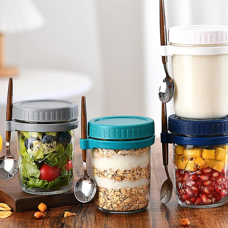Portable Overnight Oats Jar With Lid 350ml Glass Mason Jar Oatmeal Container With Measurement Mark For Cereal, 1 Count Milk, Vegetable And Fruit Salad 4