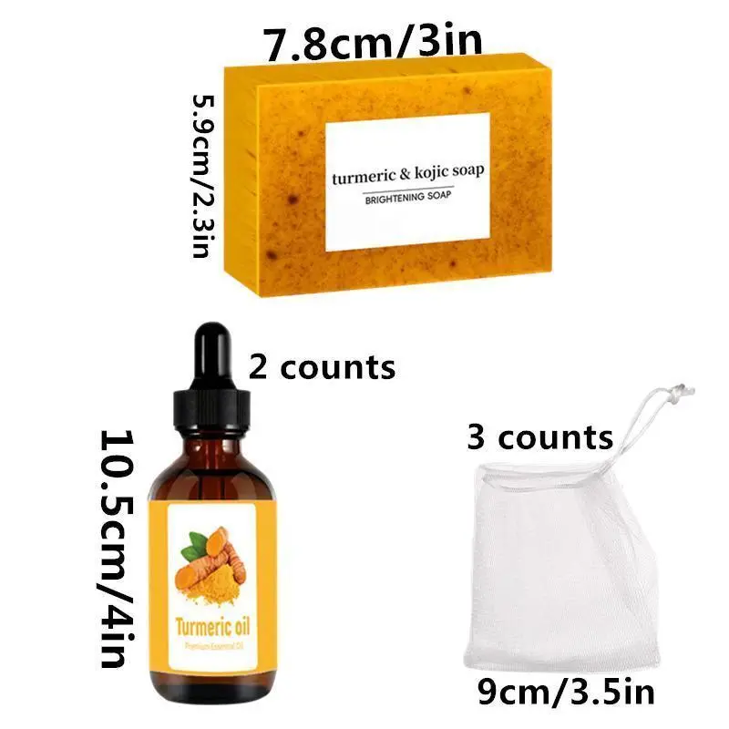 Turmeric Soap & Essential Oil Set, 8 Counts Turmeric Soap & 2 Counts Turmeric Essential Oil & 3 Counts Soap Bag, Facial and Body Moisturizing Skincare Oil, Men's and Women's Daily Skincare Set, Acne 1