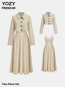 YOZY Women's Solid Button Front Crop Coat & Shirred Backless Cami Dress Two-piece Set, Long Sleeve Collared Outerwear & A-line Dress