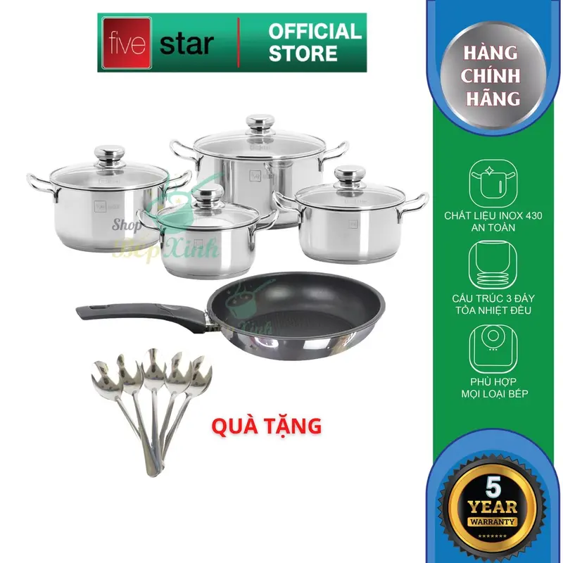 Bộ nồi chảo 3 đáy inox 403 Fivestar 5 món nắp kính tặng 5 muỗng ăn( N16cm x N18cm xN20cm x N24cm x chảo 24cm) 0