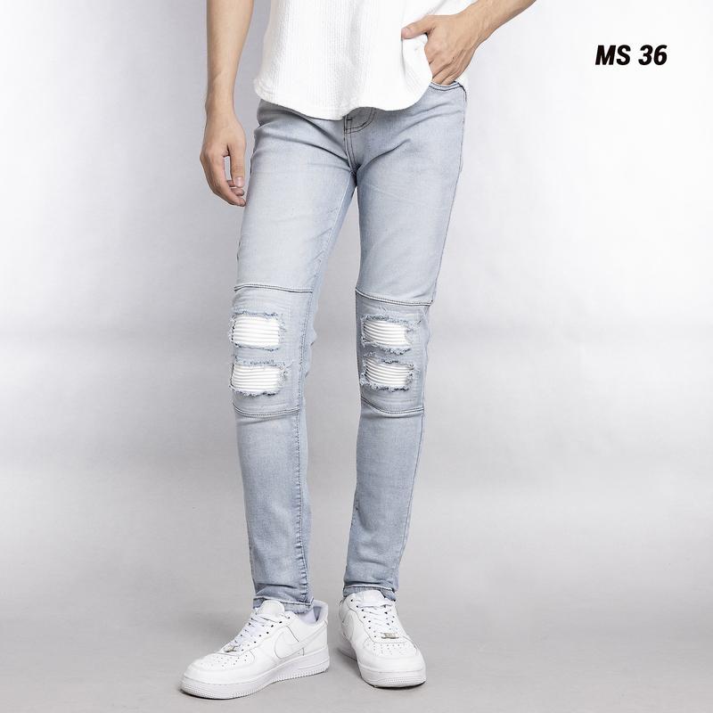 Quần jean dài nam màu xanh nhạt kiểu rách vá trắng chất bò co dãn nhẹ Qs32 form dáng skinny Menswear Pants Có Túi
