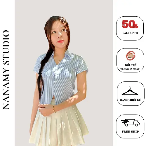 Áo sơ mi ngắn tay nữ thiết kế kẻ sọc, chất liệu mềm mịn,ít nhăn,thoáng mát NANAMY trendy SMX32 Women Top 2