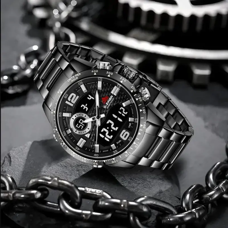 DISKON Jam tangan Pria 8306 Double Time Rantai Stainless Steel Water Resistant 3 ATM Kaca Watches 4