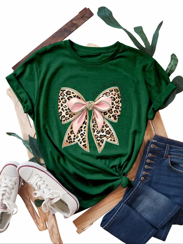 【Plus Size】 Bow Print Round Neck Tee, Fashion Casual Crew Neck Short Sleeve T-shirt for Daily Outdoor Wear, Women Plus Clothing for All Seasons, Top 1