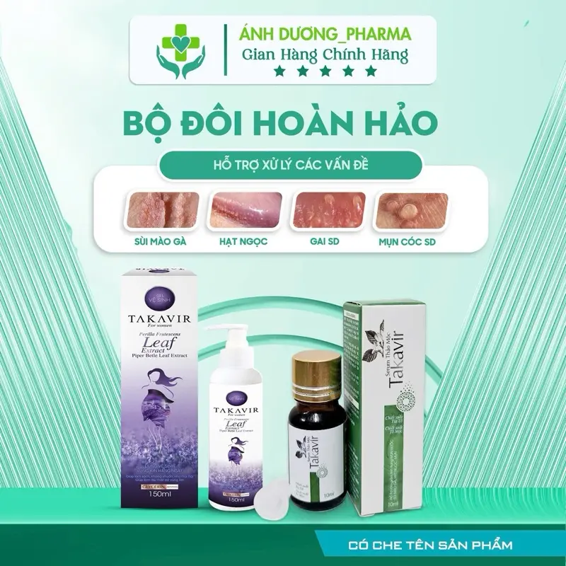 CN(che tên) Combo dành cho Nữ gồm serum thảo mộc TAKAVIR 10ml và dung dịch vệ sinh nữ TAKAVIR 150ml. Hỗ trợ các vấn đề về như sùi, gai và m Cơm ,m cóc tại nhà an toàn.