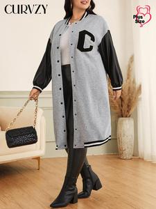 CURVZY Plus Size Colorblock Letter Patched Button Front Jacket, Casual Drop Shoulder Baseball Collar Outerwear, Women's Clothes for Daily Wear