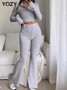 YOZY Zipper Crop Top & Flare Leg Pants Set/ Elegant Fashion Casual Mock Neck Ribbed Lounge Top & Elastic Pants, Women's Daily Outdoor Wear for All Seasons