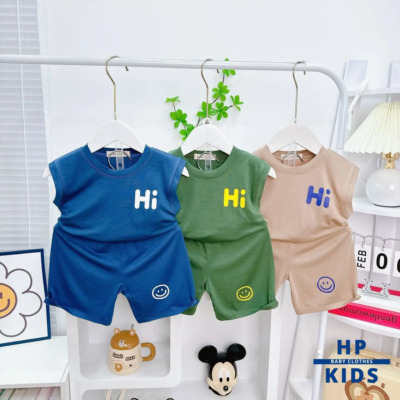 Bộ Sát Nách cho Bé 9-28kg. Chất thun lạnh mềm mát, áo chữ Hi đáng yêu
