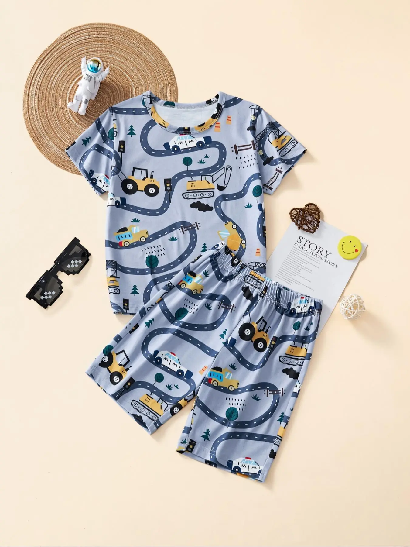 Toddler Boy's Cartoon Car Print Two-piece Shorts Set, Round Neck Short Sleeve T-shirt & Elastic Waist Shorts, Casual Summer Clothes for Kids Outdoor Holiday