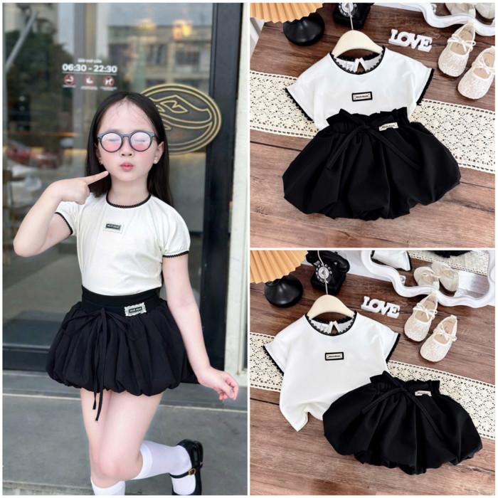  Set Áo Trắng Cộc Tay Viền Đen Chân Váy Bí Đen Xinh Xắn Bé Gái 10-30kg 