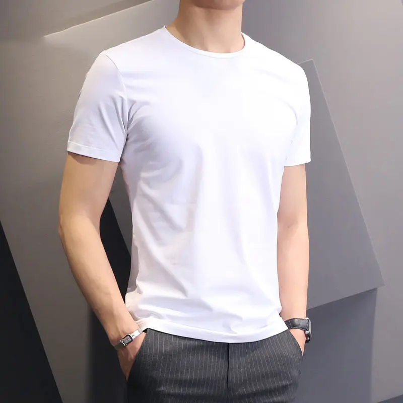 Men's Solid Color White Short Sleeve T-shirt plus-Sized plus Size Summer Korean Style Slim Fit Trendy Handsome round Neck Half Sleeve T-shirt Menswear Top Lingerie Streetwear Human Tropical