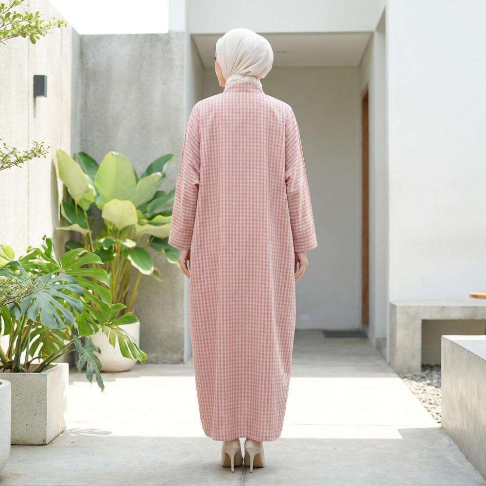 Asaya Gamis Wanita Elegan Motif Garis Kotak Biru Abu Modern Kekinian