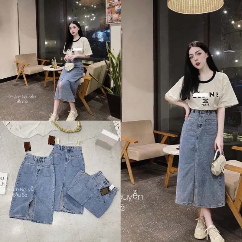 CHÂN VÁY TÚI CƠI DENIM JEANS NỮ, CHÂN VÁY BÒ NỮ XẺ TÀ
