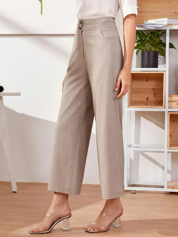 Women's Plain Pocket Button Straight Leg Cropped Pants, Elegant High Waist Wide Leg Trousers for Work Office Business, Ladies Bottoms for All Seasons 2