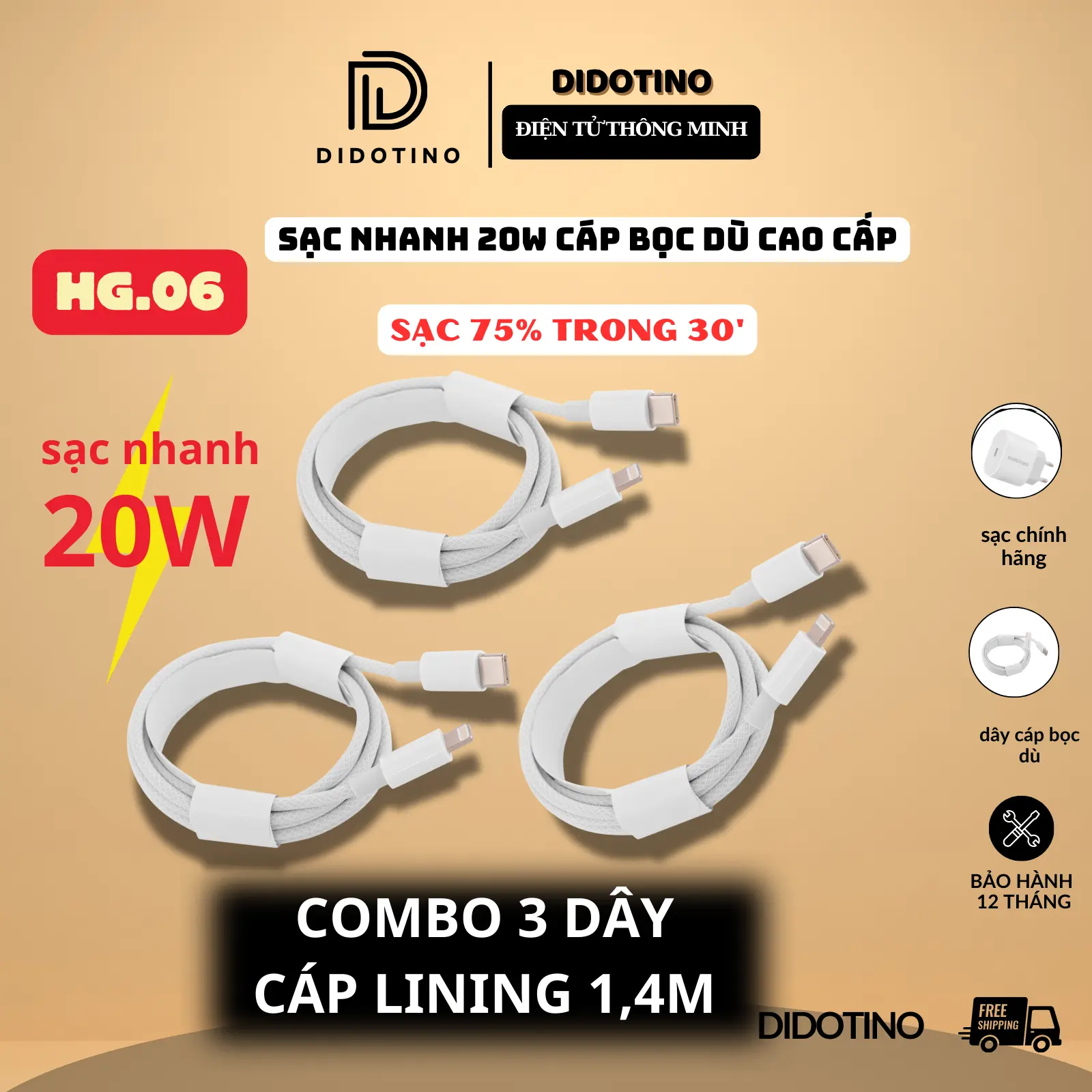 COMBO 3 Dây Cáp Sạc Nhanh Iphone , Androi ( 20W ) , Cáp Sạc Bọc Dù Cao Cấp ổn định an toàn cho điện thoại, Phụ Kiện Sạc Điện Thoại Phone sacnhanh 20w