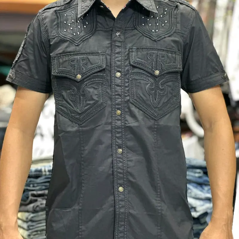 Áo sơ mi nam tay ngắn,hoạ tiết thêu chỉ nổi,phối da,màu đen Nhung Menswear 0