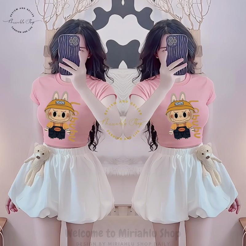 Product Introduction of Áo Thun Nữ Croptop Borip Basic Ôm Body In Hình Labubu Cam Nón, MLS237, Nữ Women Top Voi Dáng Ngắn Cổ Tròn Sọc Sò 41