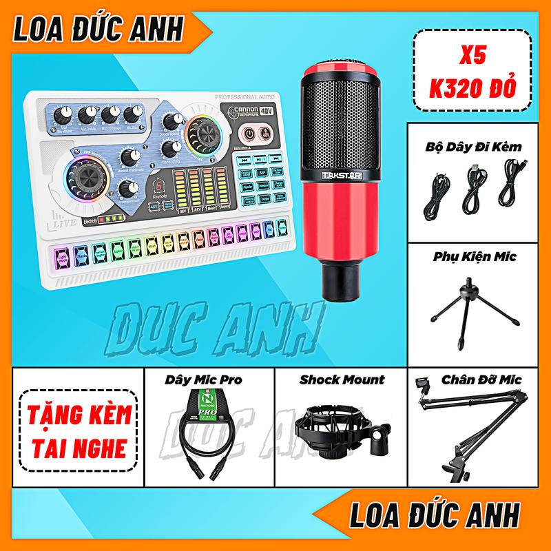 Bộ Sound Card X5 Mới Mic PC K320 Màu Đỏ Đen Dùng Dây NMC Cao Cấp, Chuyên Thu Âm, Hát Livestream Tặng Kem Tai Nghe