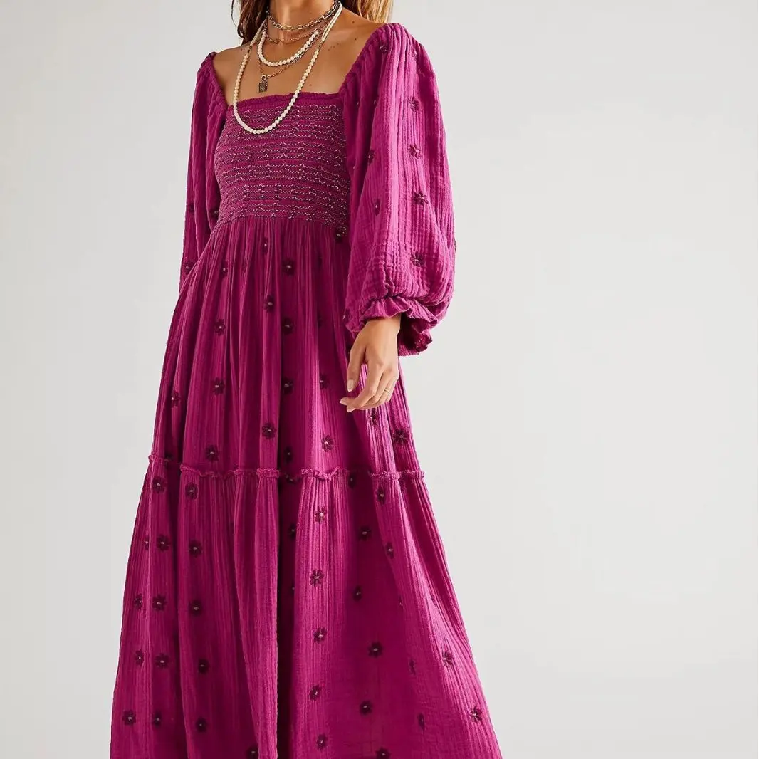 Women's Floral Embroidery Frill Trim Shirred Flounce Sleeve Dress, Boh Neck A Line Dress for Daily Holiday Vacation Wear, Ladies Dress for All Seasons, Dresses for Women,   waist  dress milk  maiden  sundress Womenswear Casual curvy  dress  outfits