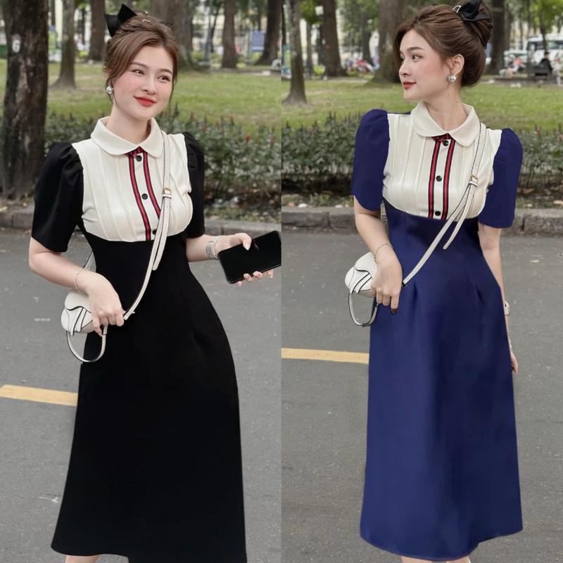 Váy Thời Trang Béo Xinh Bigsize Cổ Viền Yếm Dễ Thương Cho Các Nàng 50-100Kg Nữ Dress Women Tay Phồng Tay Bồng Đen - A.1266