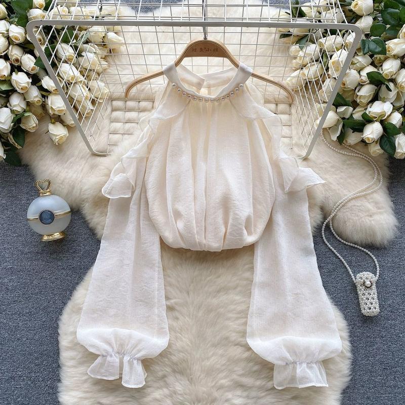 Áo Voan, Phong Cách Nhẹ Nhàng, Dành Cho Nữ, Dài Tay, Thiết Kế Mưu Mô, Khoét Lỗ Trễ Vai, Áo Sơ Mi Cổ Yếm Đính Cườm, Quần Áo Mùa Thu Mới 2024 5