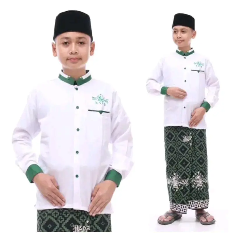 Baju Koko NU Anak Muslim SD-SMP usia 3-14 Tahun Seragam ngaji TPQ/MADIN Santri Remaja warna Putih Nyaman Panjang Tanggung Toyobo Katun