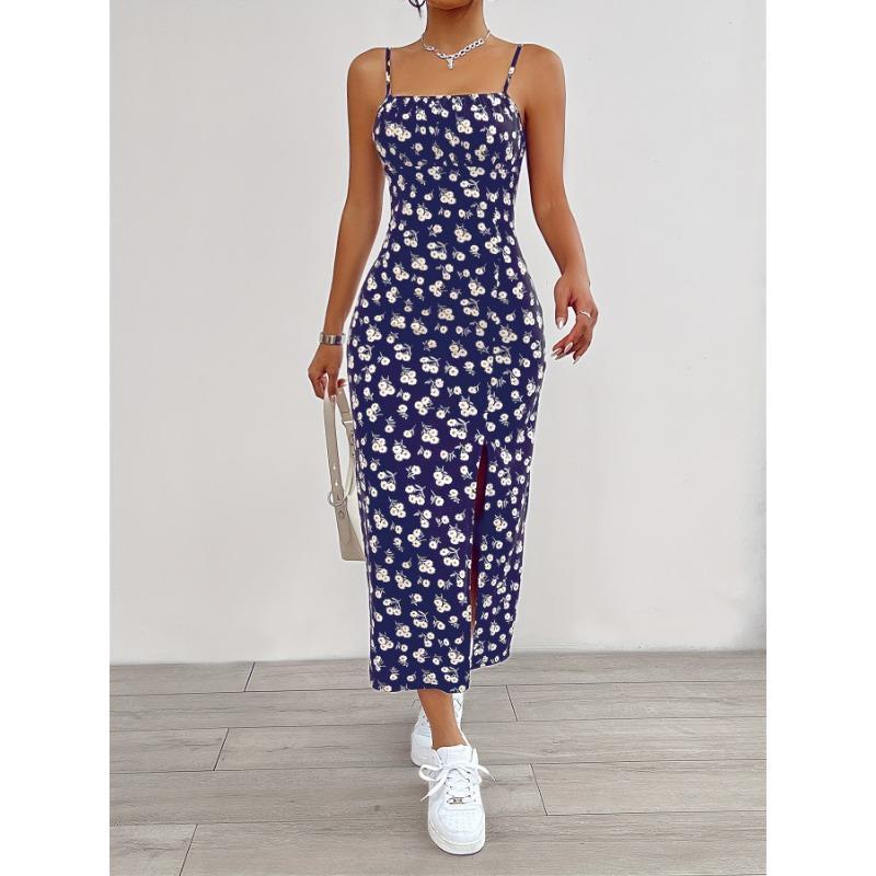 Floral Print Split Hem Cami Dress, Elegant Sleeveless Spaghetti Strap Dress For Spring & Summer, Women's Clothing Formal Womenswear Workwear Comfort 1