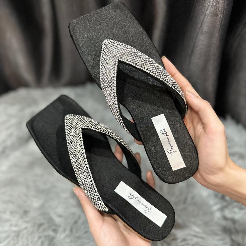  Dép lê nữ mũi vuông quai kẹp đính đá sáng cao 1cm 