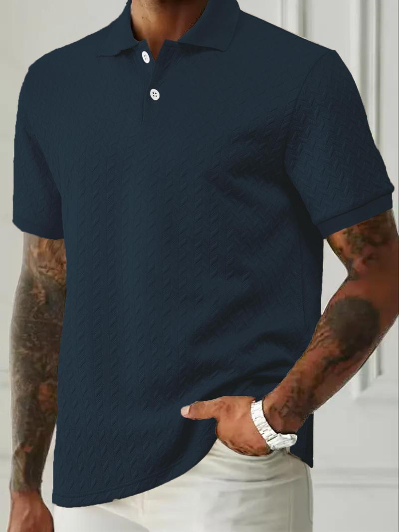 Product Introduction of Men's Regular Fit Plain Jacquard Polo Shirt, Casual Short Sleeve Button Collar Top for Summer, Fashion Men's Clothes for Daily Wear 4