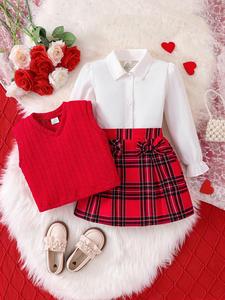 Conjunto de 3 Piezas Elegante para Niñas para Primavera y Otoño, Incluye Camisa de Manga Larga Abotonada, Chaleco de Punto y Falda de Cuadros con Moño, Ropa Cómoda y Casual para las Actividades Diarias de los Niños