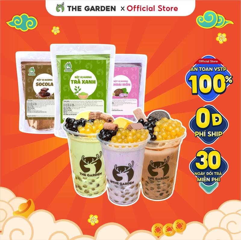 Bột vị pha trà sữa matcha, socola, khoai môn, sầu riêng, dâu, xoài, dưa vàng, bạc hà 100g THE GARDEN Chua Ngọt