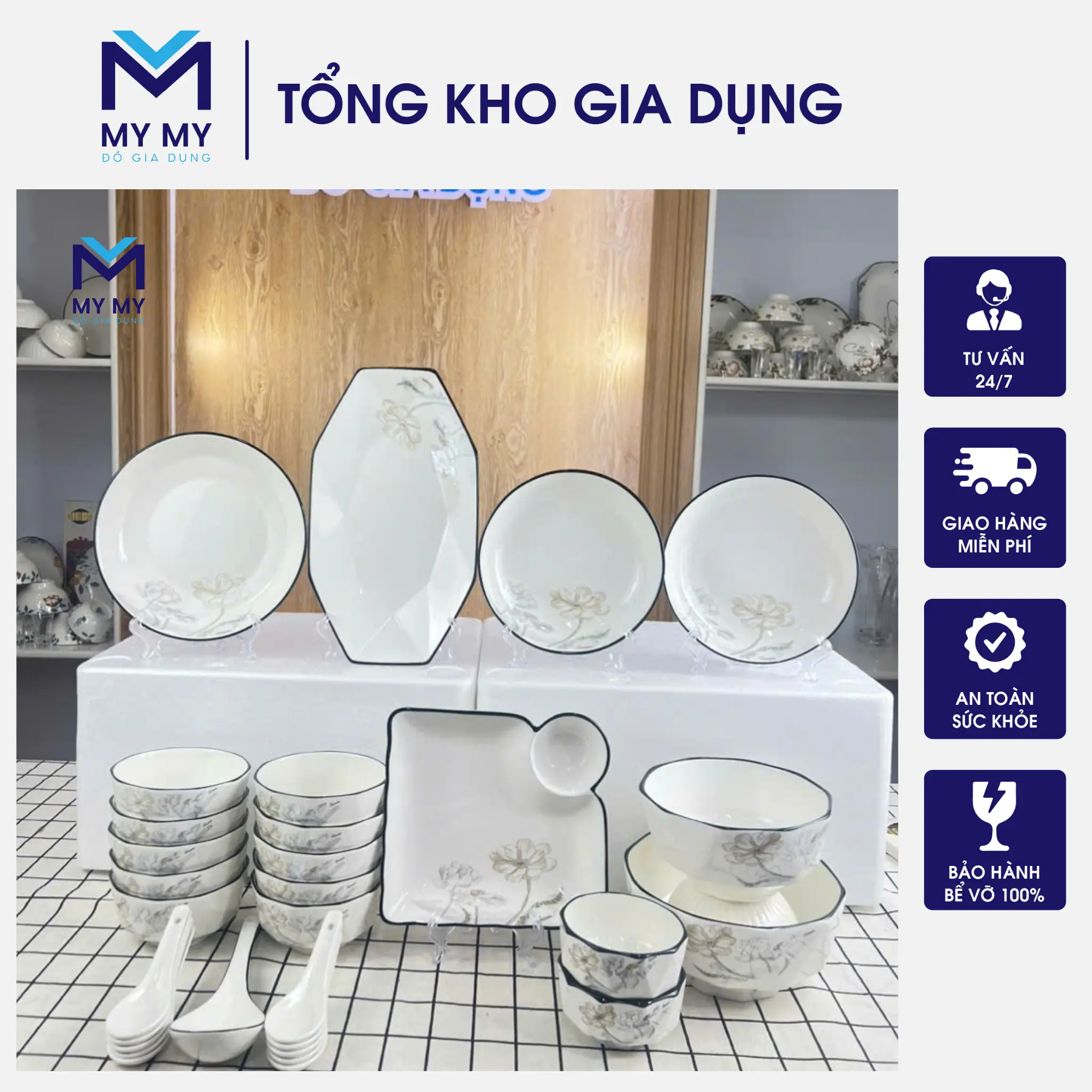 Bộ Chén Bát Đĩa kim Cương 30 Sản phẩm Họa Tiết 4D ( đĩa vuông )