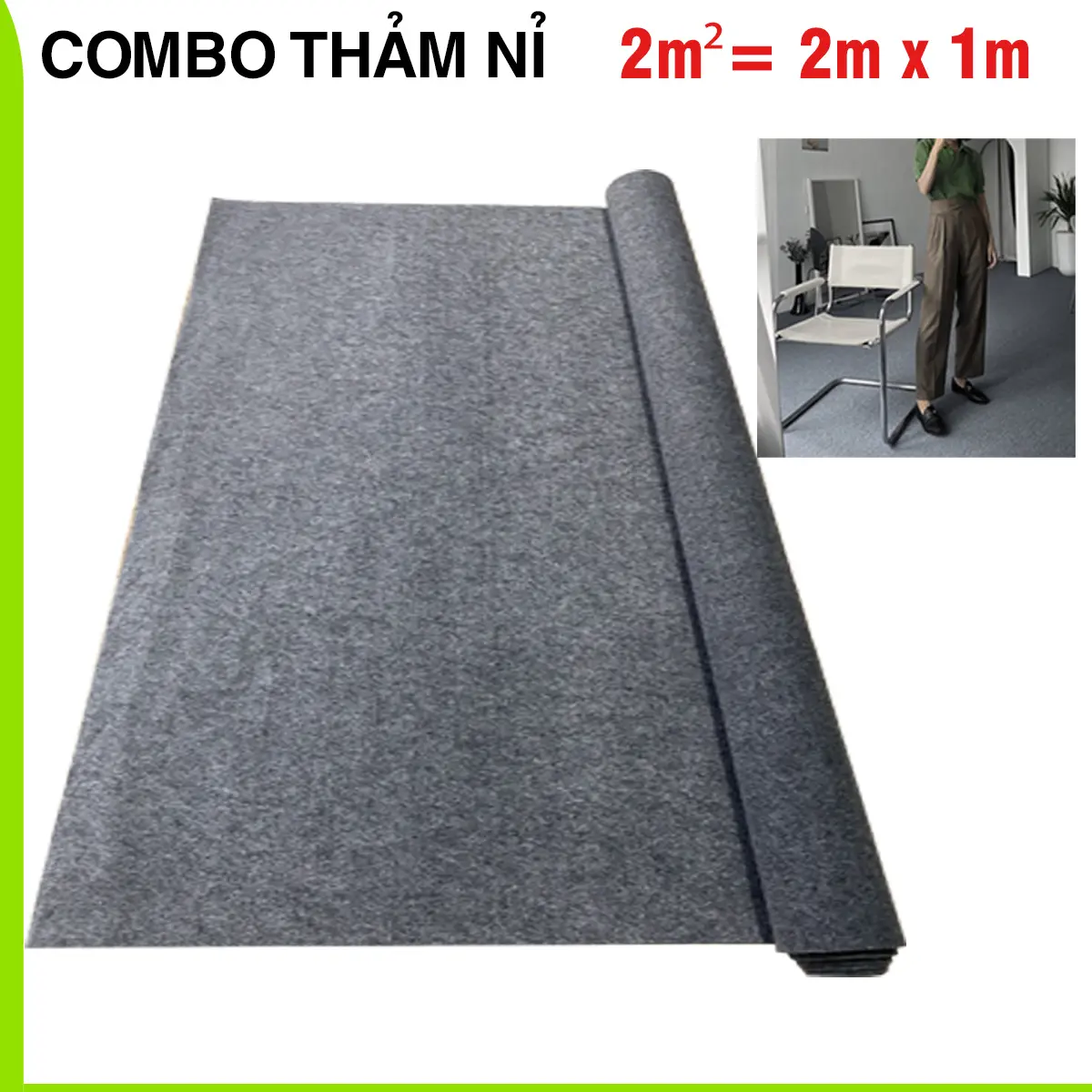 Thảm trải sàn nỉ (combo 2m²) thảm lót sàn nhà trải phòng decor nhà, màu xám, dày 3mm, khổ 2m x 1m