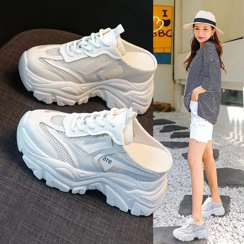 Dép Lười Nửa Thường Ngày Dành Cho Nữ, Đế Dày, Tăng Chiều Cao, Lưới Thoáng Khí, Không Trơn Trượt, Dễ Phối Đồ Dad Shoes, Thời Trang
