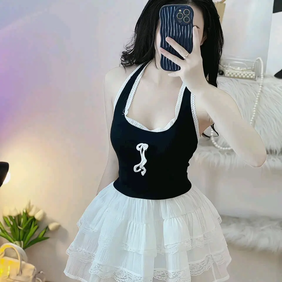 Áo yếm thun cột dây viền ren