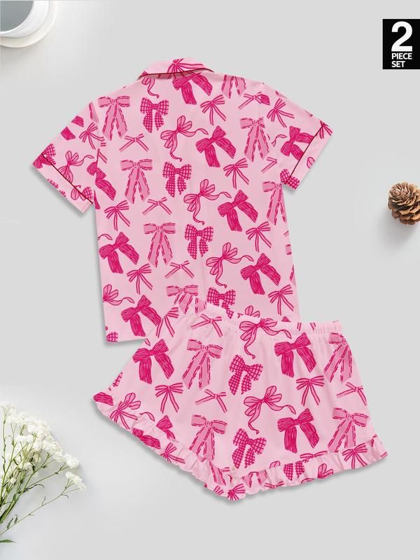 Women's Bow Print Lapel Shirt & Shorts Pyjama Set, Casual Comfy Short Sleeve Pocket Top & Shorts Set, Ladies Sleepwear for All Seasons 4