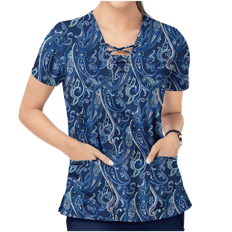 Product Introduction of Women Print Nurse Uniform Plus Size Summer Short Sleeve V-neck Tops Nursing Working Uniform T-shirts Clinic Protective Clothing 7