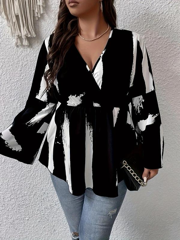 Plus Size All Over Brush Print Wrap V Neck Flounce Sleeve Blouse, Plus Casual Peplum Hem Long Sleeve Top for Women, Women Plus Clothing for All Seasons 4
