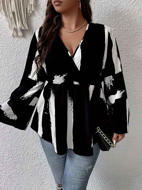 Plus Size All Over Brush Print Wrap V Neck Flounce Sleeve Blouse, Plus Casual Peplum Hem Long Sleeve Top for Women, Women Plus Clothing for All Seasons 4